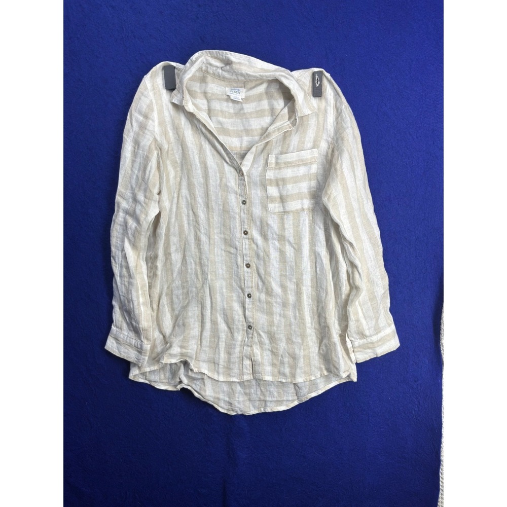 Coastal Womens Sigrid Olsen 100% Linen Striped Button Down Shirt M Beige White